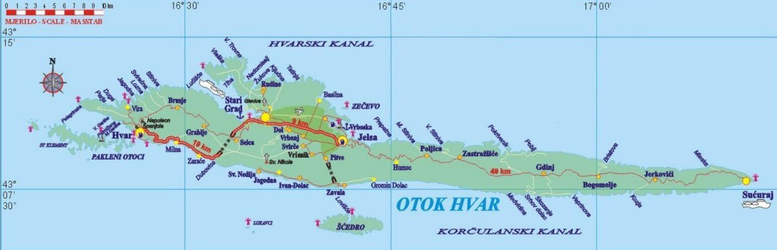 Detailní mapa ostrova Hvar