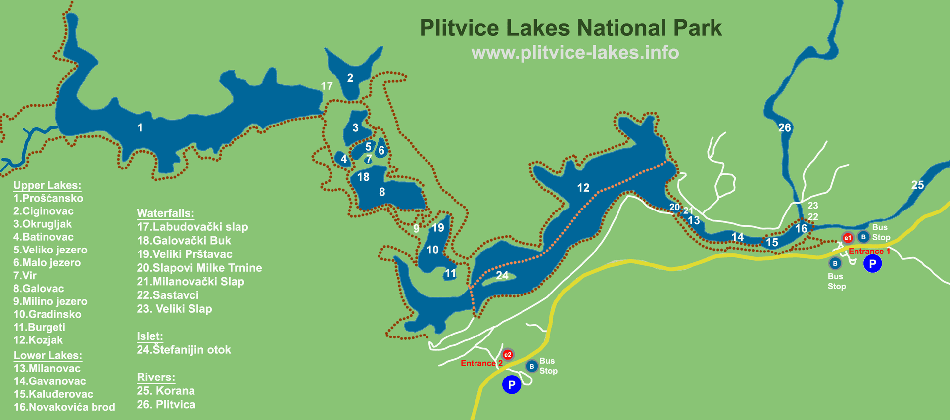 Mapa národní parku Plitvická jezera