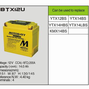 MotoBatt MBTX12U - 14 AH 200A 12V - Baterie přednabitá