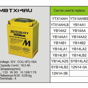 MotoBatt MBTX14AU -16,5 AH 190A 12V - Baterie přednabitá