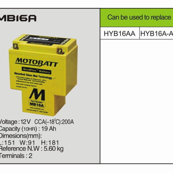 MotoBatt MB16A -19 AH 200A 12V - Baterie přednabitá