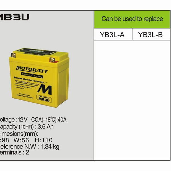 MotoBatt MB3U - 3,8Ah 50A 12V - Baterie přednabitá