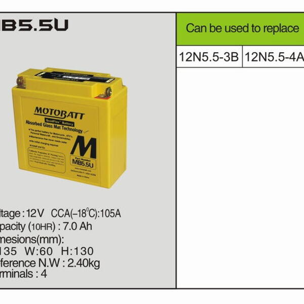 MotoBatt MB5.5U - 7Ah 90A 12V - Baterie přednabitá