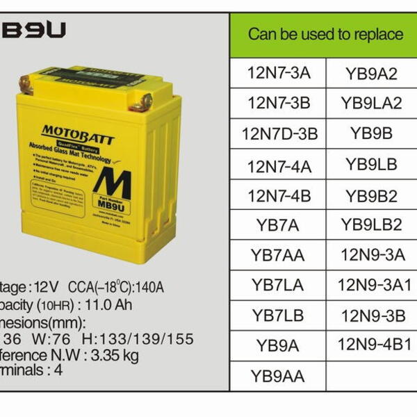 MotoBatt MB9U - 11Ah 140A 12V - Baterie přednabitá