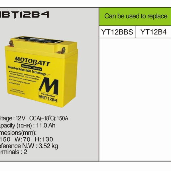 MotoBatt MBT12B4 -11 AH 175A 12V - Baterie přednabitá