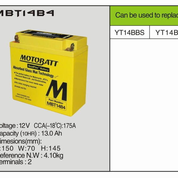 MotoBatt MBT14B4 -13 AH 175A 12V - Baterie přednabitá